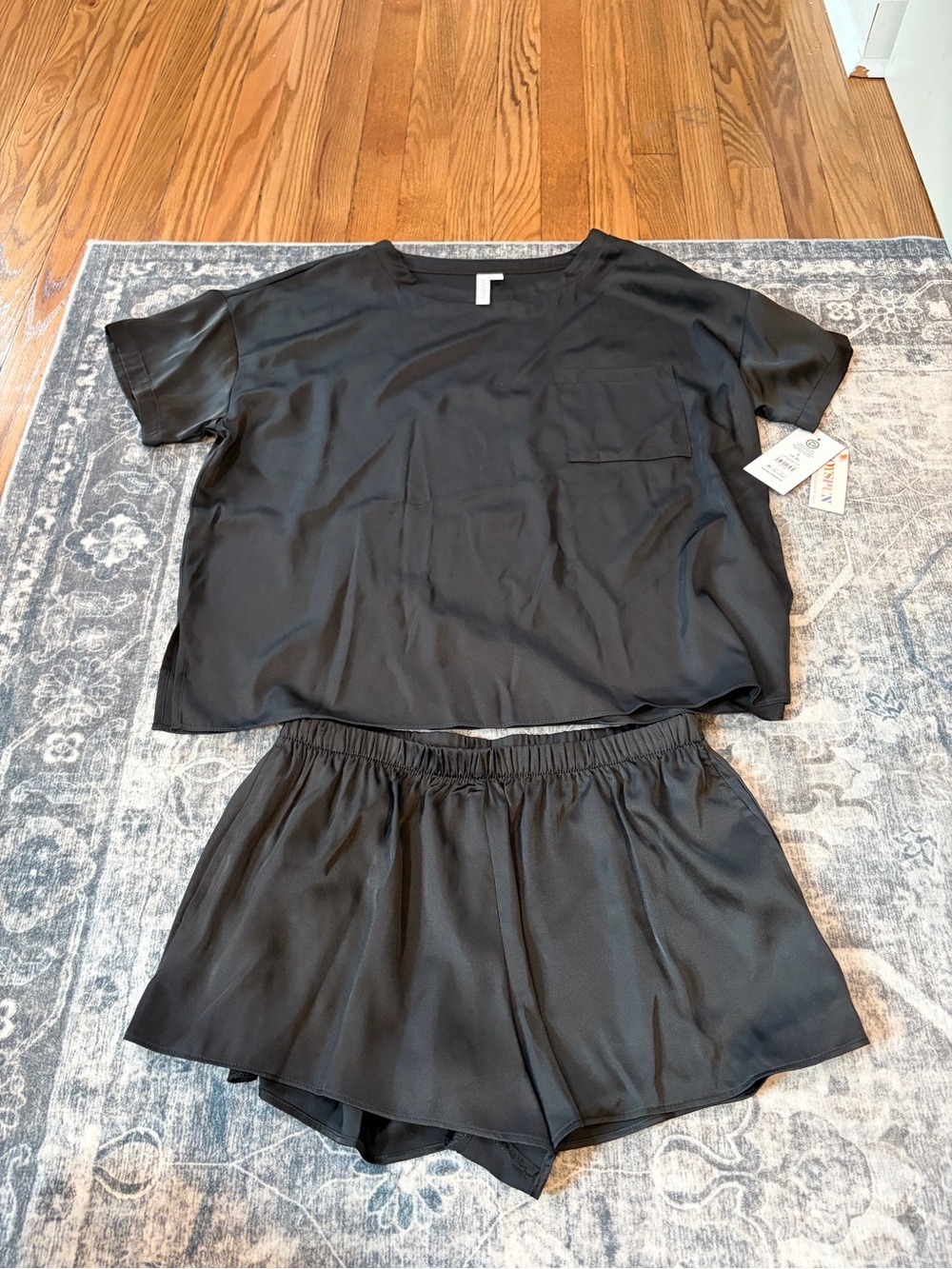 Silky Black Short Sleeve Pajama Set — Relaxed Top & Elastic Waist Shorts